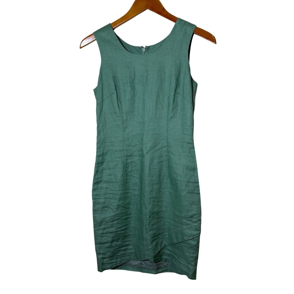 Thomo Women Mini Dress 34 Green‎ Linen Sheath Wrap Hem Minimalist Coastal Summer